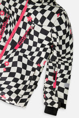 Deux par Deux girls' TEKNIK two-piece snowsuit in bright pink checkered print, additional studio angle
