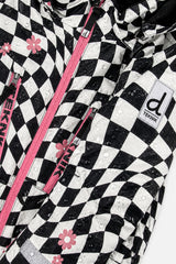 Deux par Deux girls' TEKNIK two-piece snowsuit in white and bright pink checkered print, additional product view
