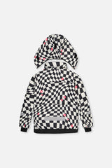 Deux par Deux girls' TEKNIK two-piece snowsuit in white and bright pink checkered print, alternate view