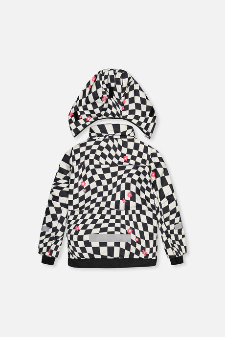 Deux par Deux girls' TEKNIK two-piece snowsuit in white and bright pink checkered print, alternate view