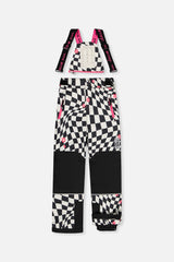 Deux par Deux girls' TEKNIK two-piece snowsuit in white and bright pink checkered print, another studio view
