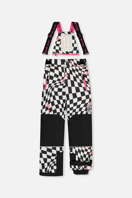 Deux par Deux girls' TEKNIK two-piece snowsuit in white and bright pink checkered print, another studio view
