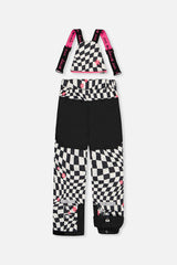 Deux par Deux girls' TEKNIK two-piece snowsuit in white and bright pink checkered print, alternate angle
