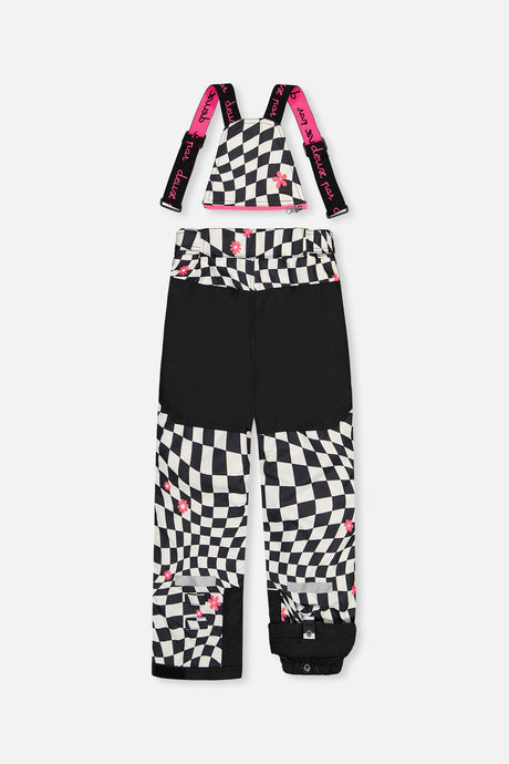 Deux par Deux girls' TEKNIK two-piece snowsuit in white and bright pink checkered print, alternate angle