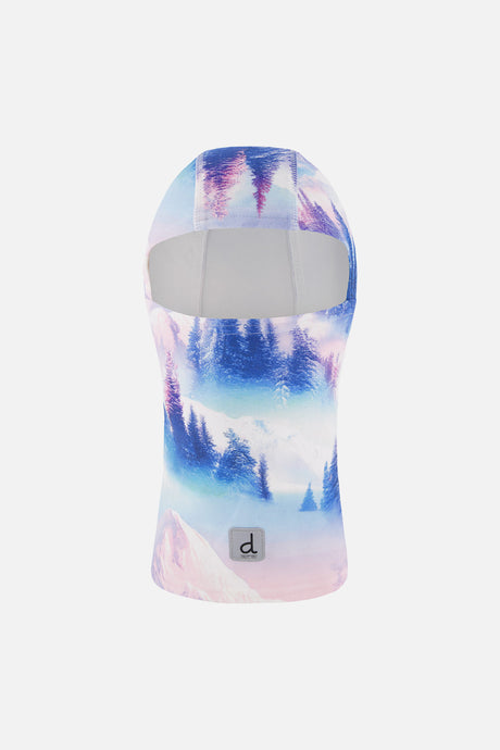 Deux par Deux girls' polar fleece balaclava in blue and pink mountain print – front view