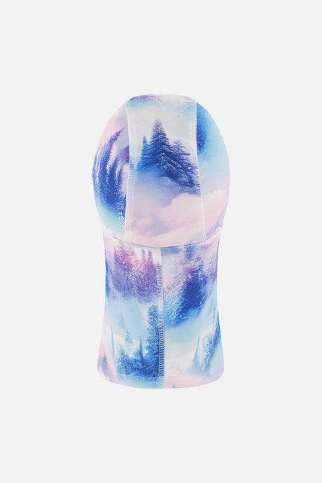 Deux par Deux girls' polar fleece balaclava in blue and pink mountain print – back view
