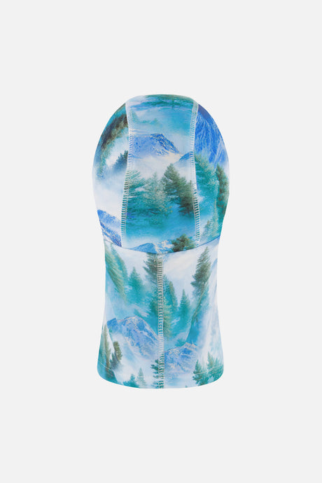 Deux par Deux boys' polar fleece balaclava in blue mountain print, back view