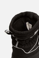 Deux par Deux toddler black puffer winter boots – close-up of the drawcord collar and fleece lining