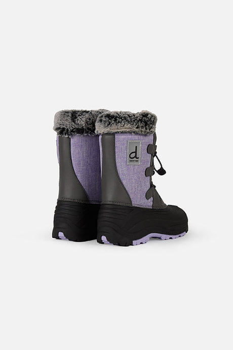 Deux par Deux kids' winter boots with removable liner in lavender and black, pair, back view