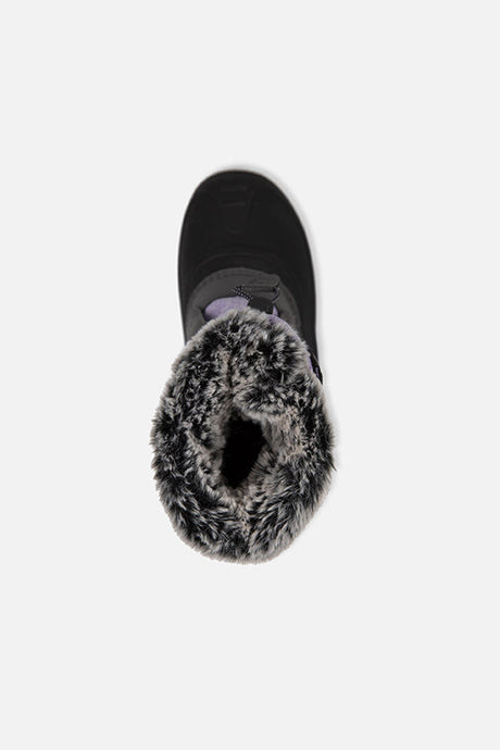 Deux par Deux kids' winter boots with removable liner in lavender and black, top view of the faux fur collar