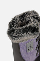 Deux par Deux kids' winter boots with removable liner in lavender and black, close-up of the faux fur trim