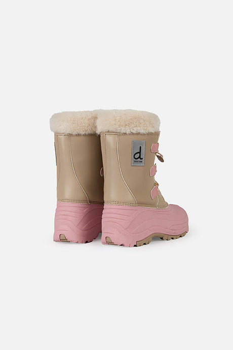 Deux par Deux kids' winter boots with removable liner, beige with pale dusty pink, pair, back view