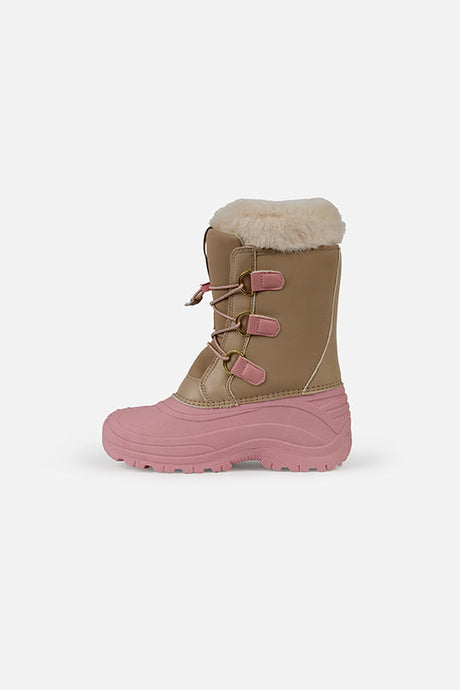 Deux par Deux kids' winter boots with removable liner, beige with pale dusty pink, single boot, opposite side view