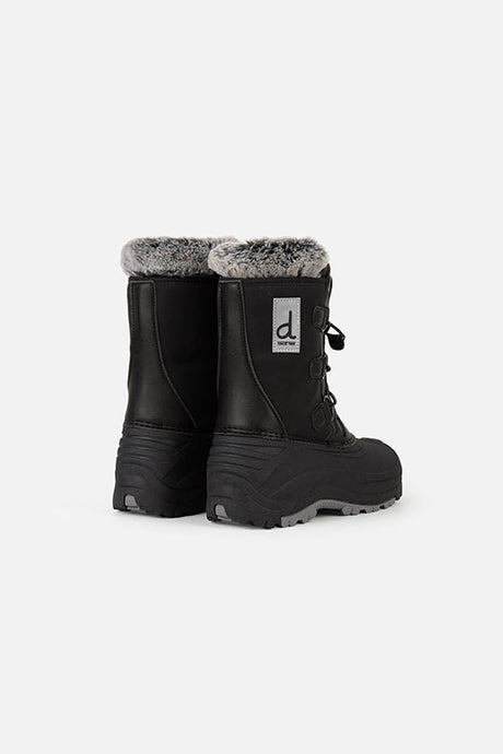 Deux par Deux black kids' winter boots with removable liner, pair, back view