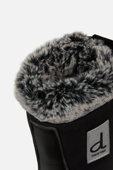 Deux par Deux black kids' winter boots with removable liner, close-up of the faux fur collar trim