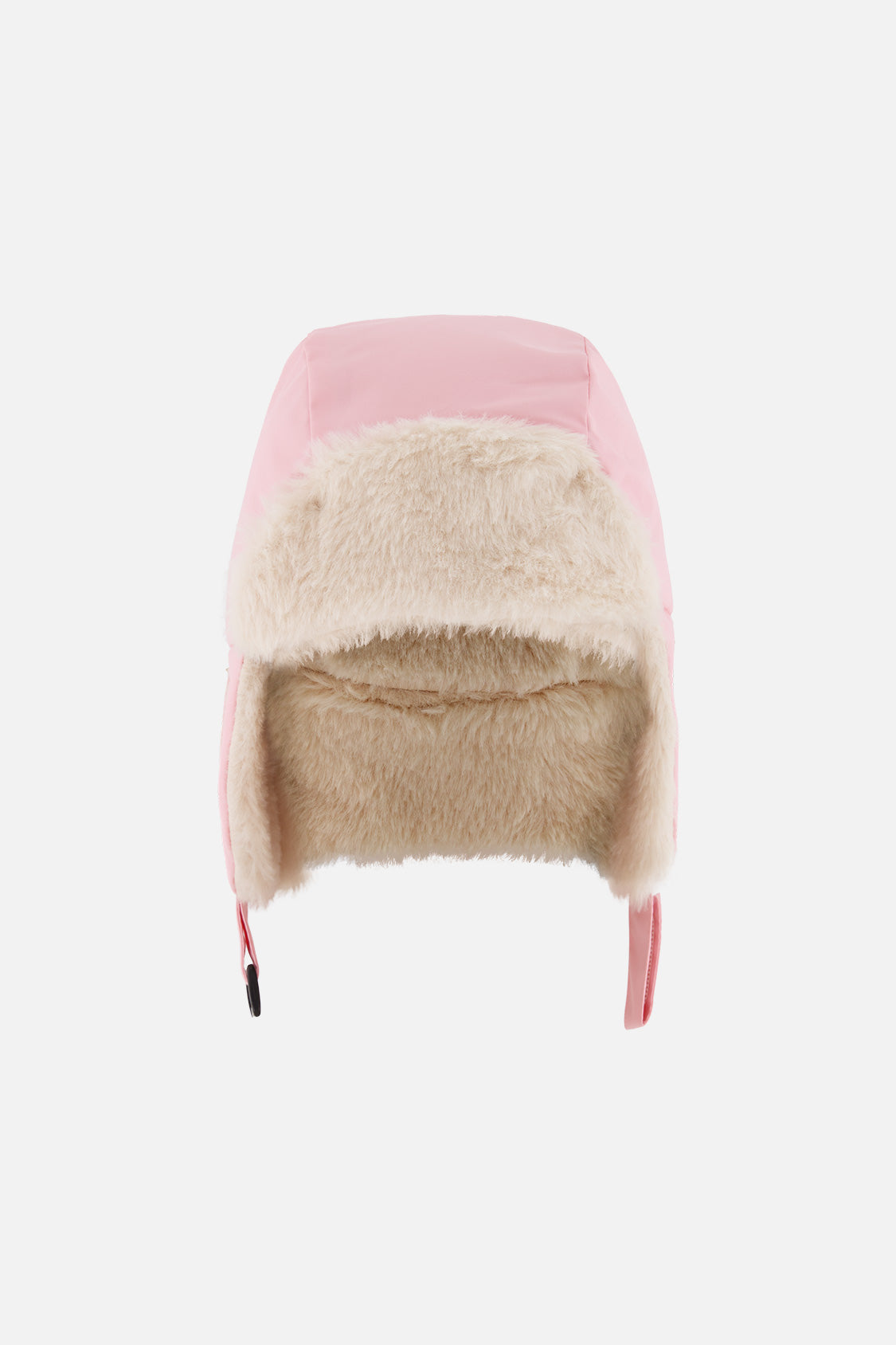 Light pink Deux par Deux lined chapka trapper hat with cream plush inside the flaps, flat lay front view