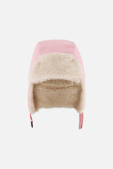 Light pink Deux par Deux lined chapka trapper hat with cream plush inside the flaps, flat lay front view