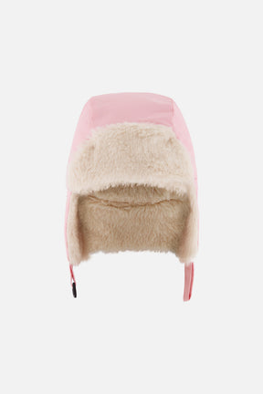 Light pink Deux par Deux lined chapka trapper hat with cream plush inside the flaps, flat lay front view