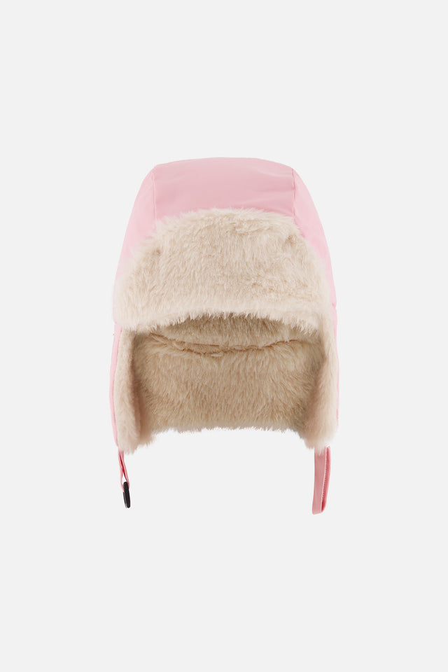 Light pink Deux par Deux lined chapka trapper hat with cream plush inside the flaps, flat lay front view