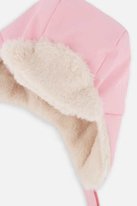 Close-up of the cream plush ear flap and light pink polyester shell on the Deux par Deux lined chapka