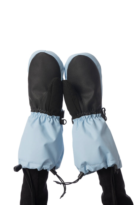 Child wearing Deux par Deux Teknik kids' mittens in light blue, palm side