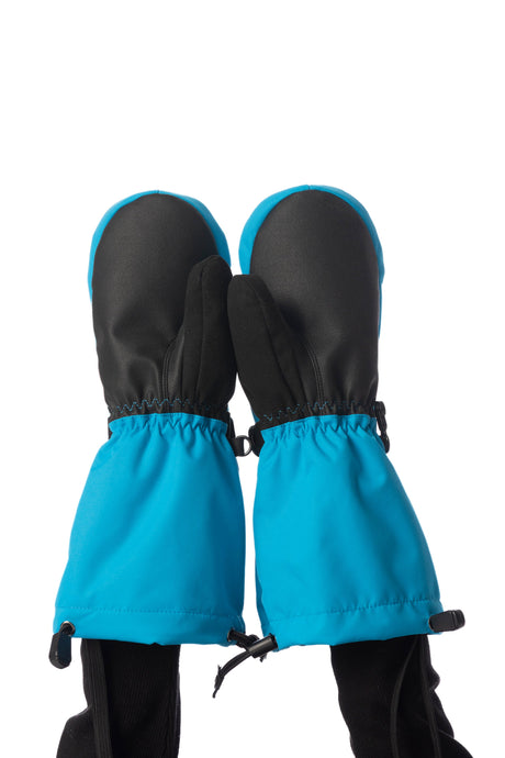 Child wearing Deux par Deux Teknik kids' mittens in blue, palm side