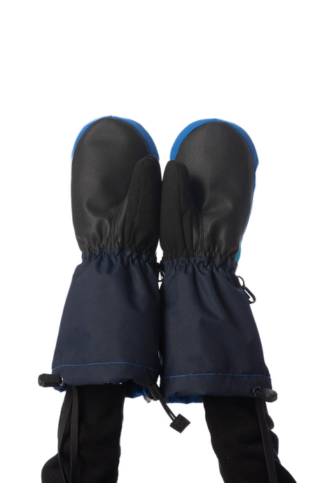 Child wearing Deux par Deux Teknik kids' mittens in dark blue, palm side
