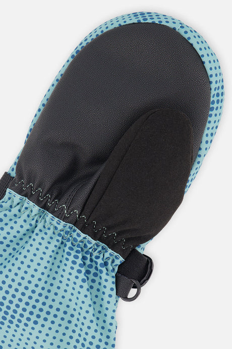 Deux par Deux Teknik kids' mittens, greyish blue with teal dots and mountains – alternate view