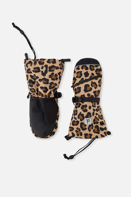 Deux par Deux Teknik toddler mittens in brown leopard print – front view