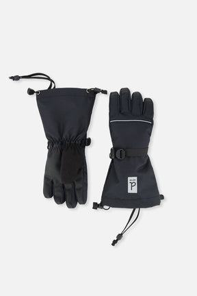 Pair of black Teknik winter gloves by Deux par Deux laid flat, back of one glove and palm of the other