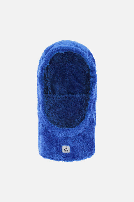 Blue plush fleece balaclava for kids by Deux par Deux, front view with face opening and white d logo label