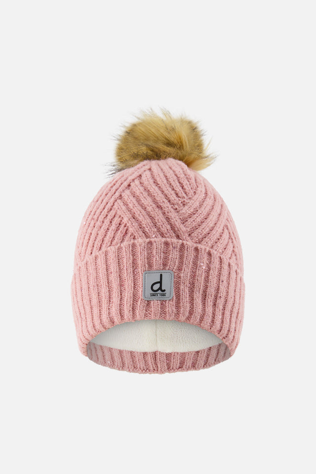 Winter Knit Hat With Pompom Pale Dusty Pink-0