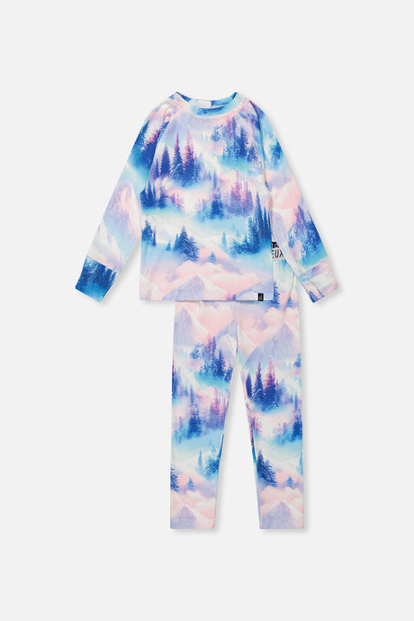 Deux par Deux girls' two-piece thermal underwear set in blue and pink mountain print, front view