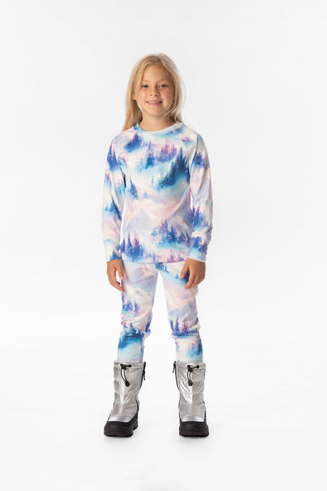 Child wearing the Deux par Deux blue and pink mountain print two-piece thermal underwear set, view 1