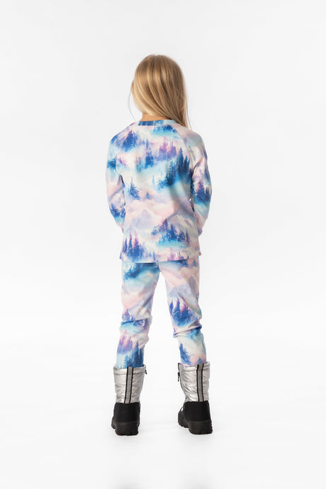 Child wearing the Deux par Deux blue and pink mountain print two-piece thermal underwear set, view 3