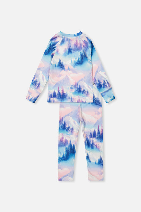 Deux par Deux girls' two-piece thermal underwear set in blue and pink mountain print, back view