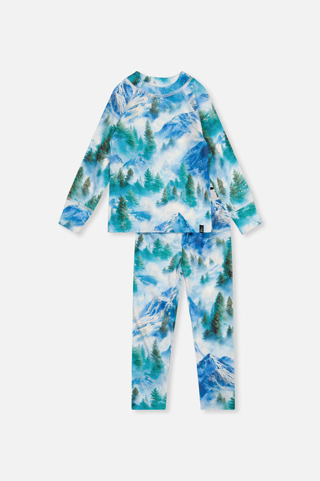Blue mountain print thermal base layer set from Deux par Deux, long-sleeve top and pants laid flat, front view