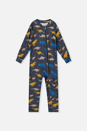 One Piece Thermal Underwear Grey And Blue Dinosaur Print-0