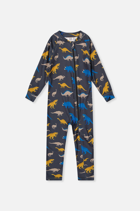 One Piece Thermal Underwear Grey And Blue Dinosaur Print-0