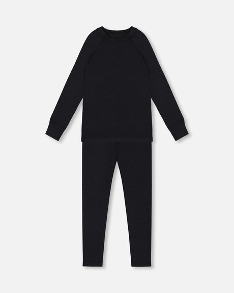 Black boys merino blend two-piece thermal underwear set from Deux par Deux, crew-neck top and pants laid flat, front view