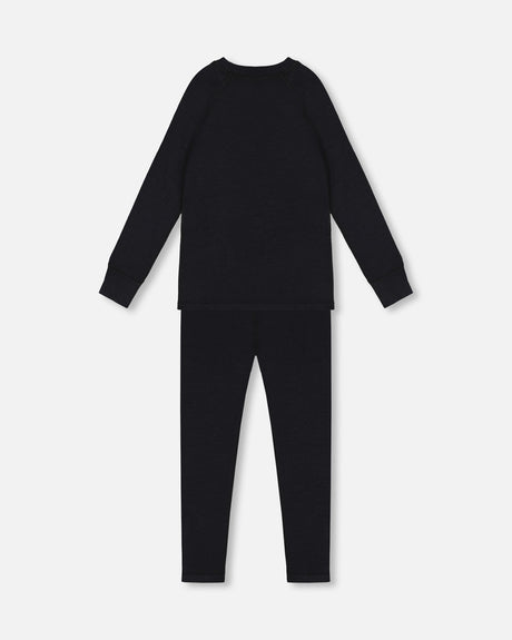 Black boys merino blend two-piece thermal underwear set from Deux par Deux, crew-neck top and pants laid flat, back view