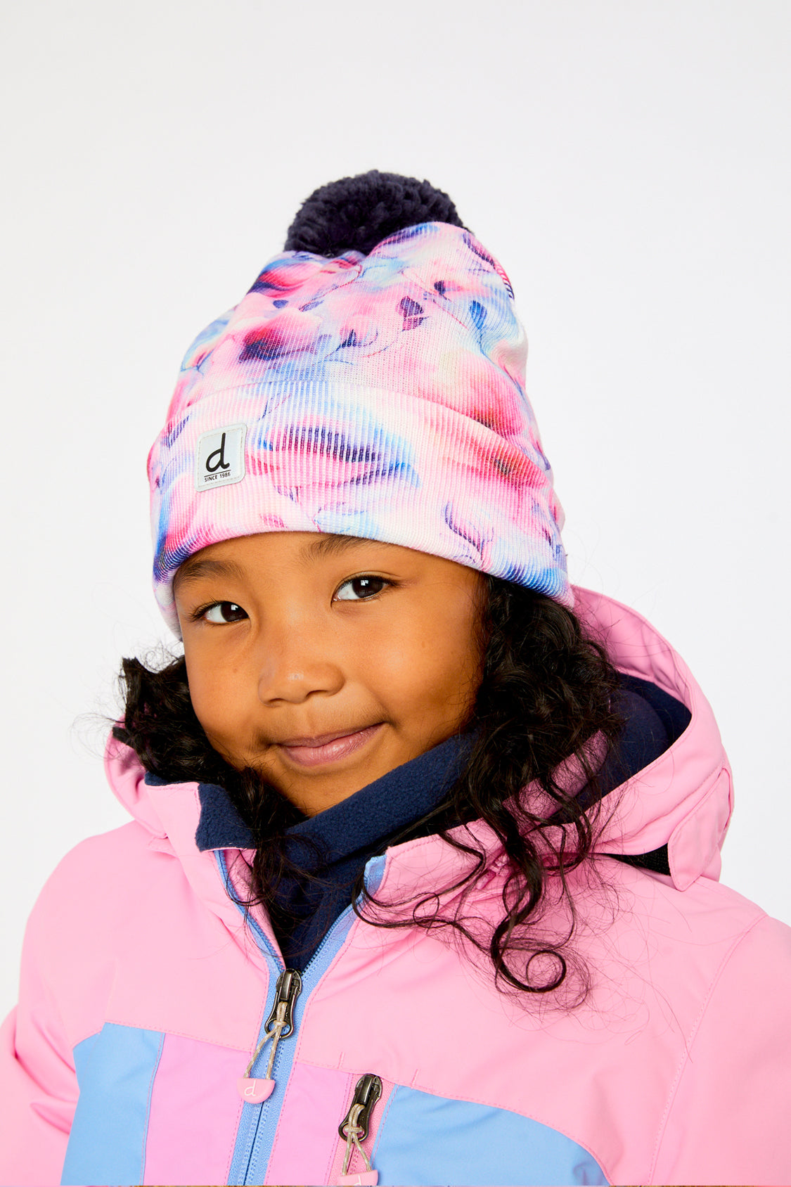 Winter Knit Hat With Pompom Mauve Printed Flowers-2