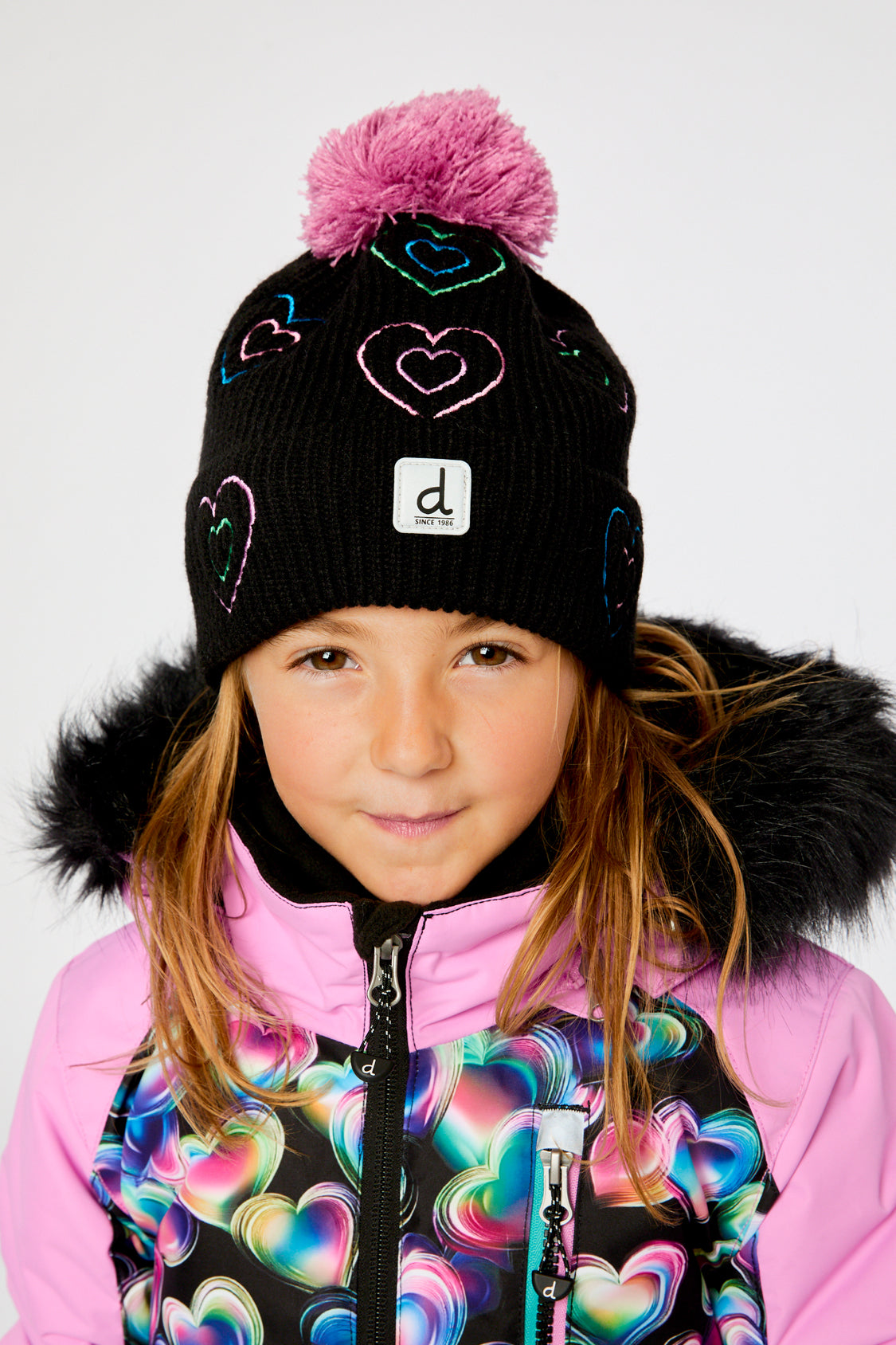 Winter Knit Hat With Pompom Black, Mauve And Blue-1
