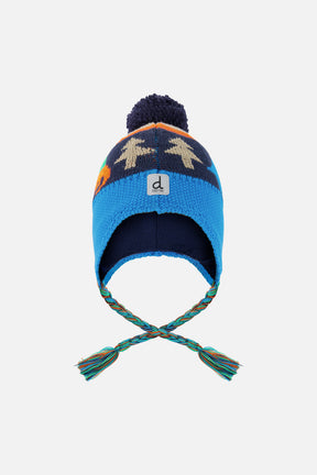 Peruvian Knit Hat Blue Dinosaur Print by Deux par Deux, front view