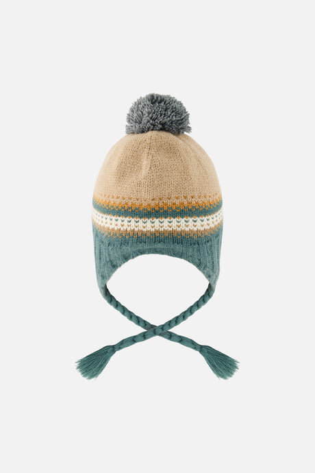 Winter Peruvian Knit Hat With Pompom Beige And Green Jacquard-2