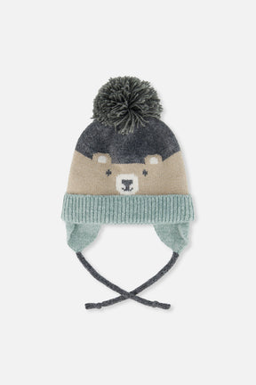 Winter Knit Hat With Teddy Bear Face And Ears Beige And Turquoise-0