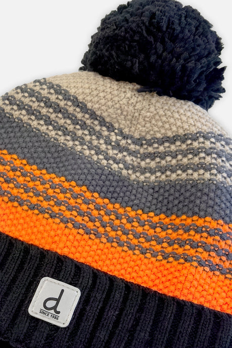 Winter Knit Hat With Pompom Grey And Orange Stripes-3
