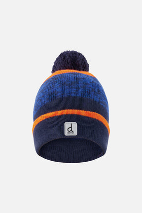Deux par Deux kids' pompom knit hat in orange and blue colour block with navy cuff, front view