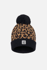 Winter Knit Hat With Pompom Brown Leopard Print-0
