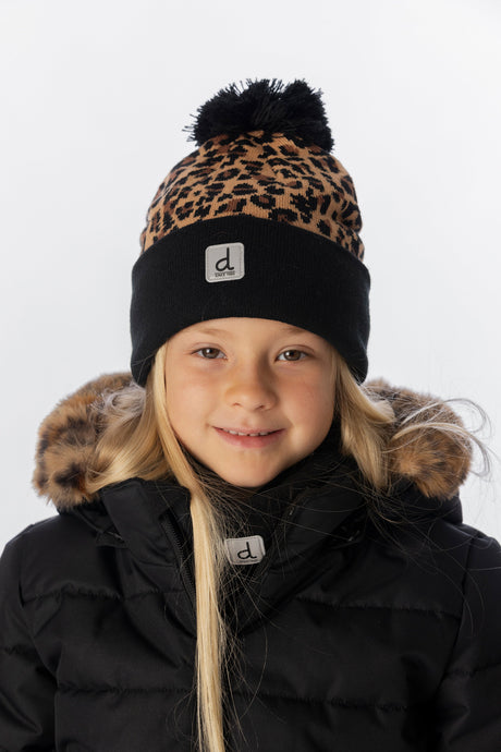 Child wearing the knit hat with pompom in brown leopard print, view 3
